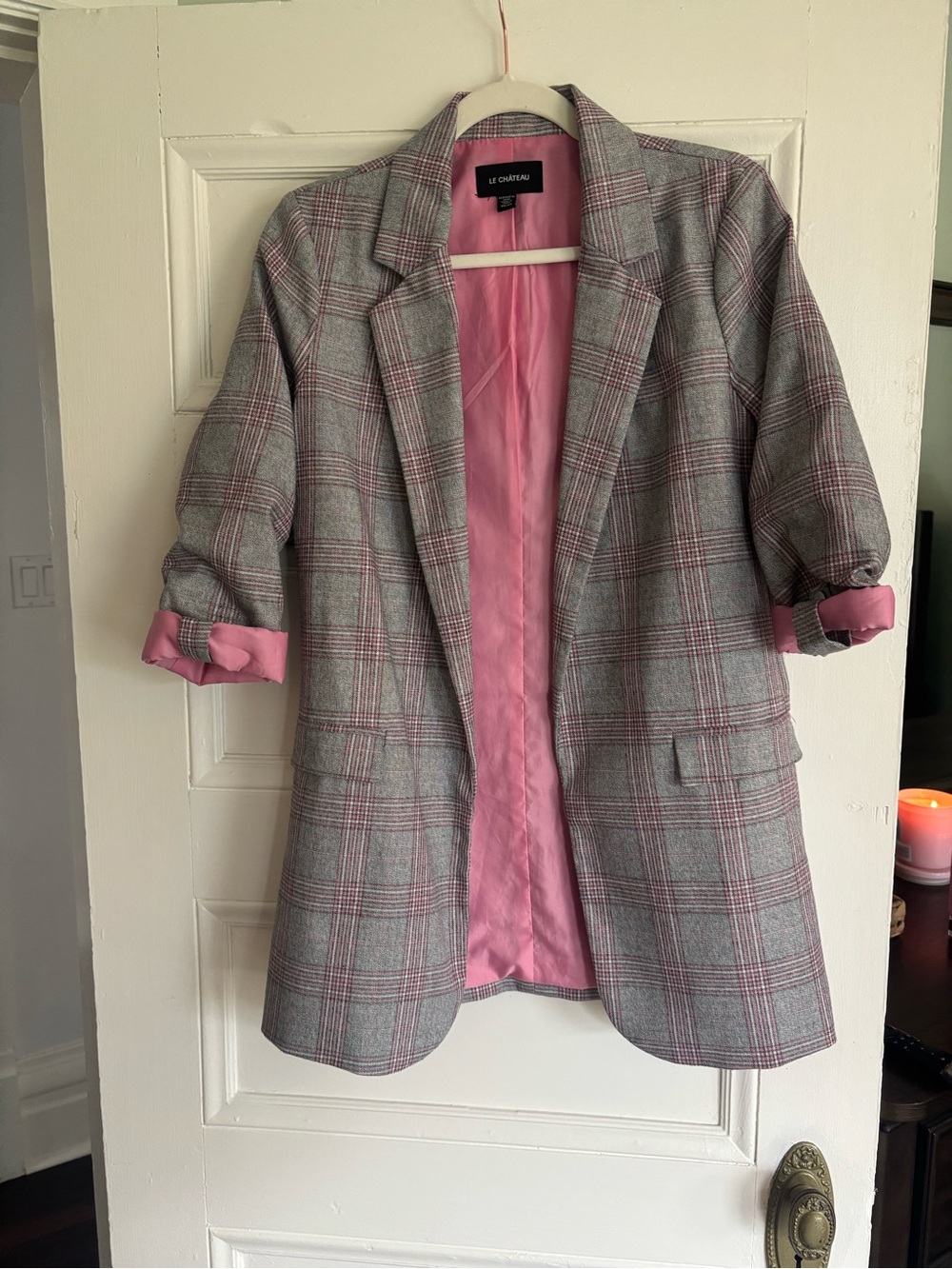 le chateau Gray Plaid Blazer with Pink Lining